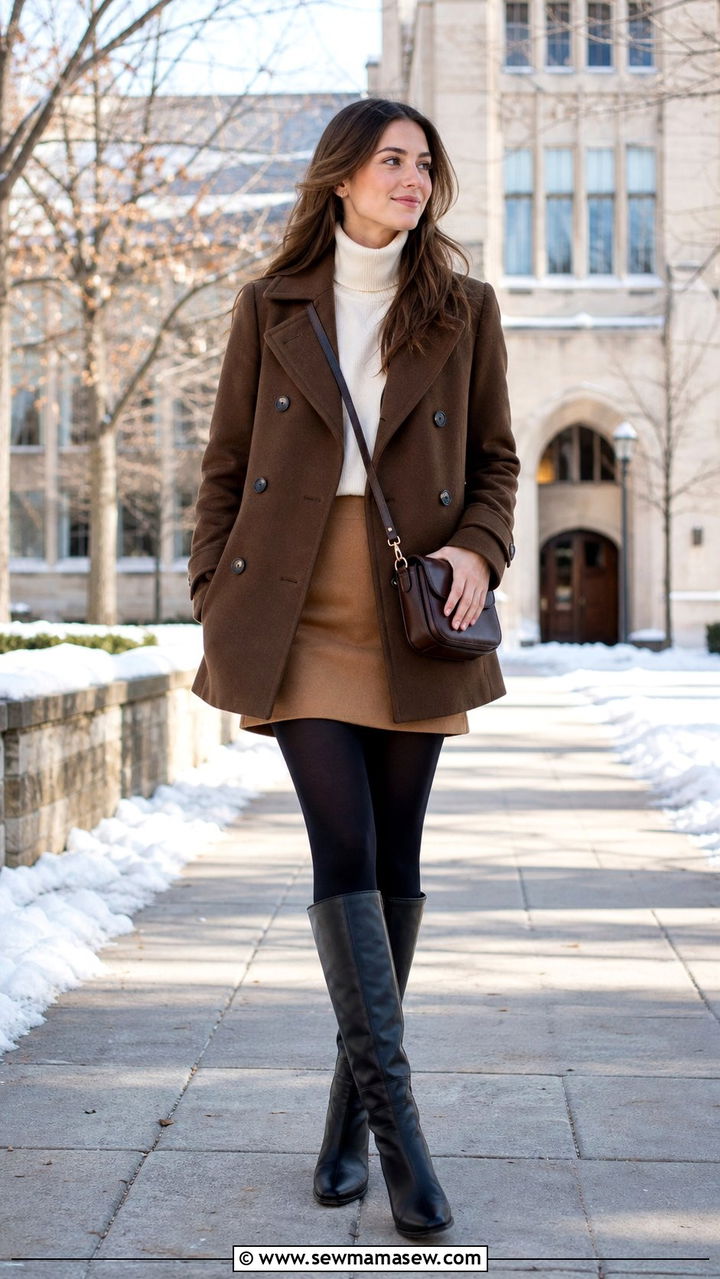 Brown Pea Coat with Mini Skirt and Tights - 25 cute light academia outfits