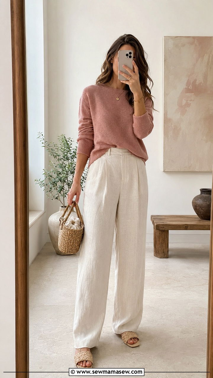 Brown Pinafore Dress With White Long Sleeve Tee - 30 spring outfits for modest women