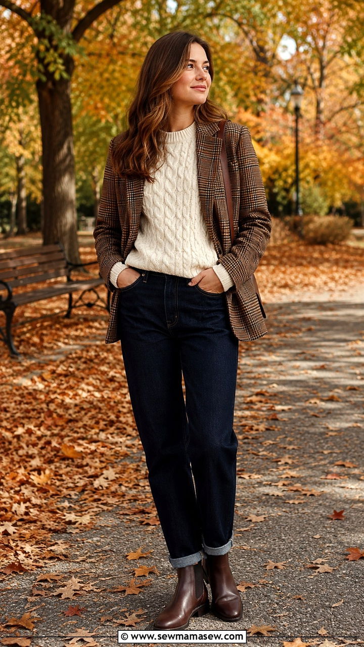 Brown Plaid Blazer With Cream Cable Knit And Dark Denim - 25 Old money outfit ideas with blazer