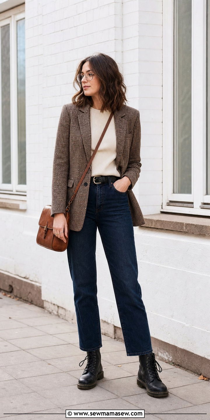 Brown Plaid Blazer With Cream Ribbed Knit And DarkWash Jeans - 25 dark academia capsule wardrobe outfits