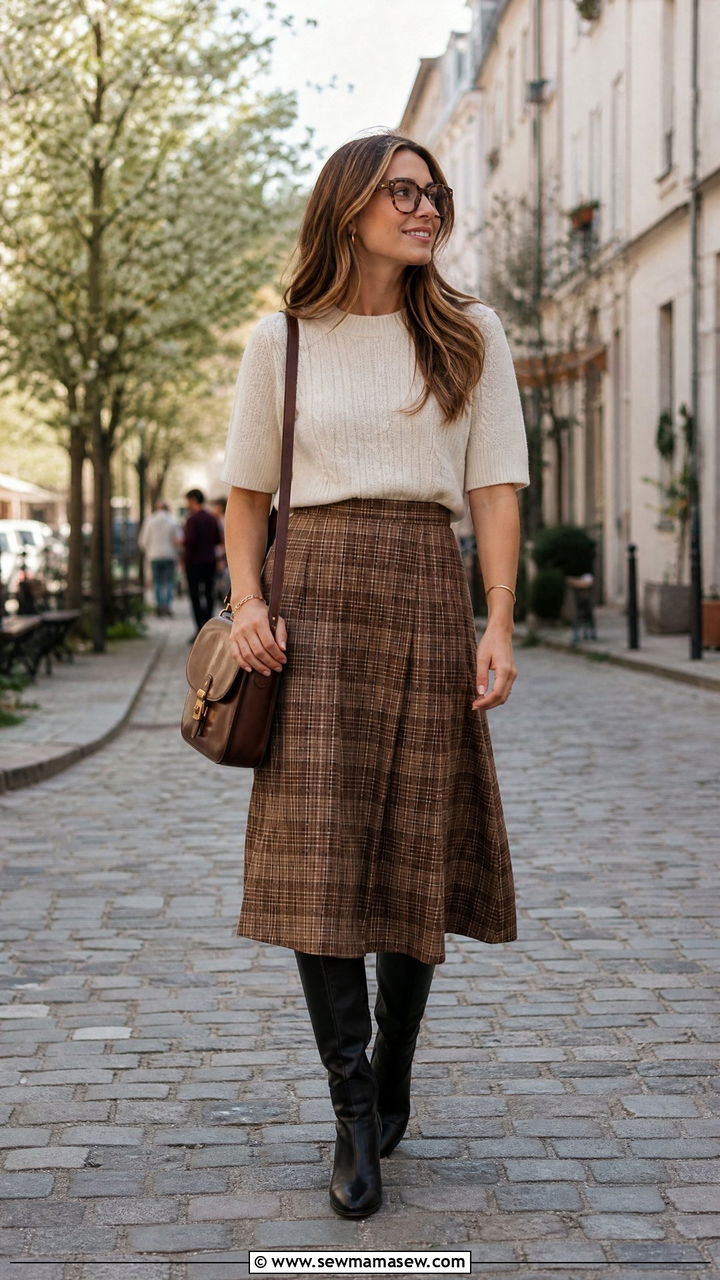 Brown Plaid Midi Skirt With Knee High Boots Outfit - 30 Dark academia spring outfits