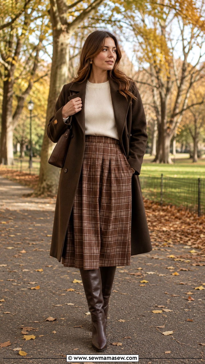Brown Plaid Midi Skirt with Knee High Boots - 20 dark academia outfits to copy