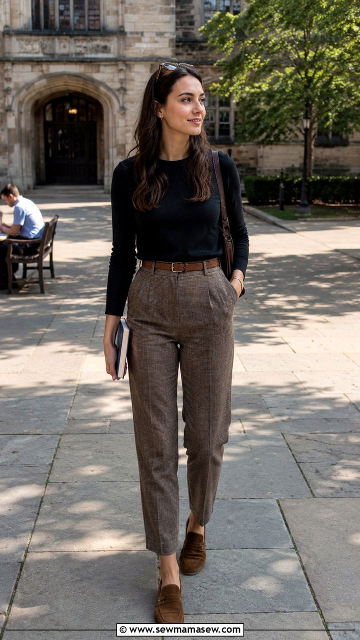 Brown Plaid Pants With A Simple Black Top - 25 Professor outfit ideas