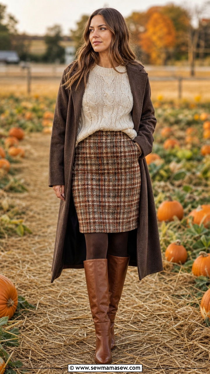 Brown Plaid Pencil Skirt With Cable Knit Sweater - 40 pencil skirt outfits