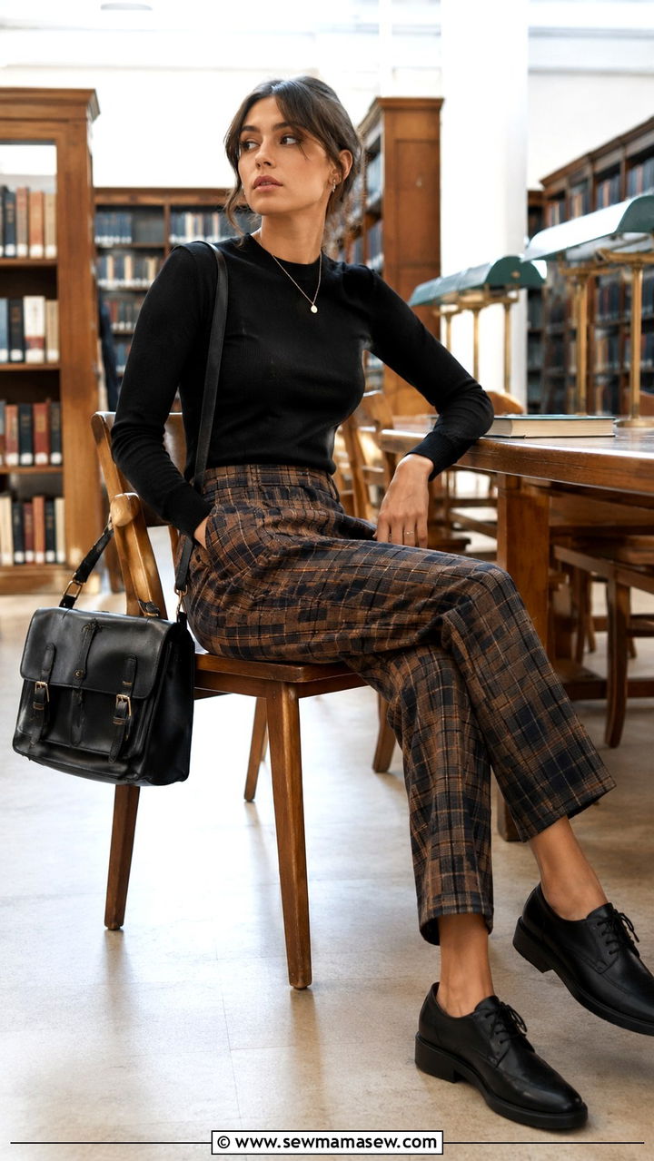 Brown Plaid Trousers and Black Top Outfit - 25 Researcher outfit ideas