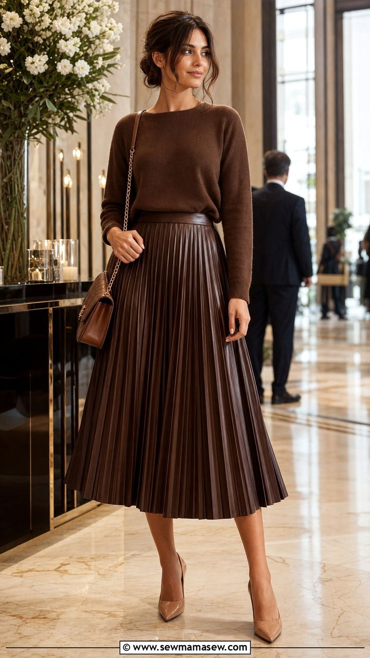 Brown Pleated Midi Skirt With Knit Top - 35 brown outfit ideas for women