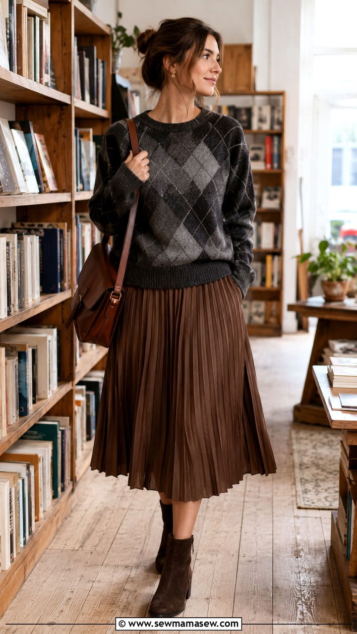 Brown Pleated Skirt With Argyle Sweater Outfit - 30 Pleated skirt outfit ideas with a sweater