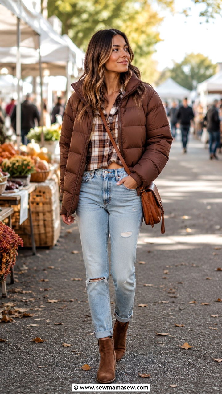 Brown Puffer With Plaid Shirt And Distressed Jeans - 25 Puffer jacket outfit ideas cute