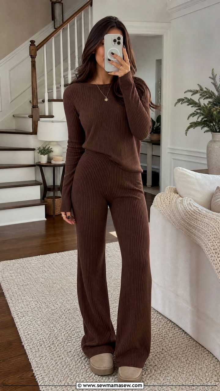 Brown Ribbed Knit Top and Flared Pants Matching Set - 25 Matching set outfit ideas neutral
