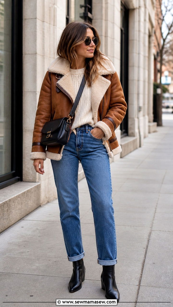 Brown Shearling Jacket with Jeans and Ankle Boots - 40 Shearling jacket outfit ideas