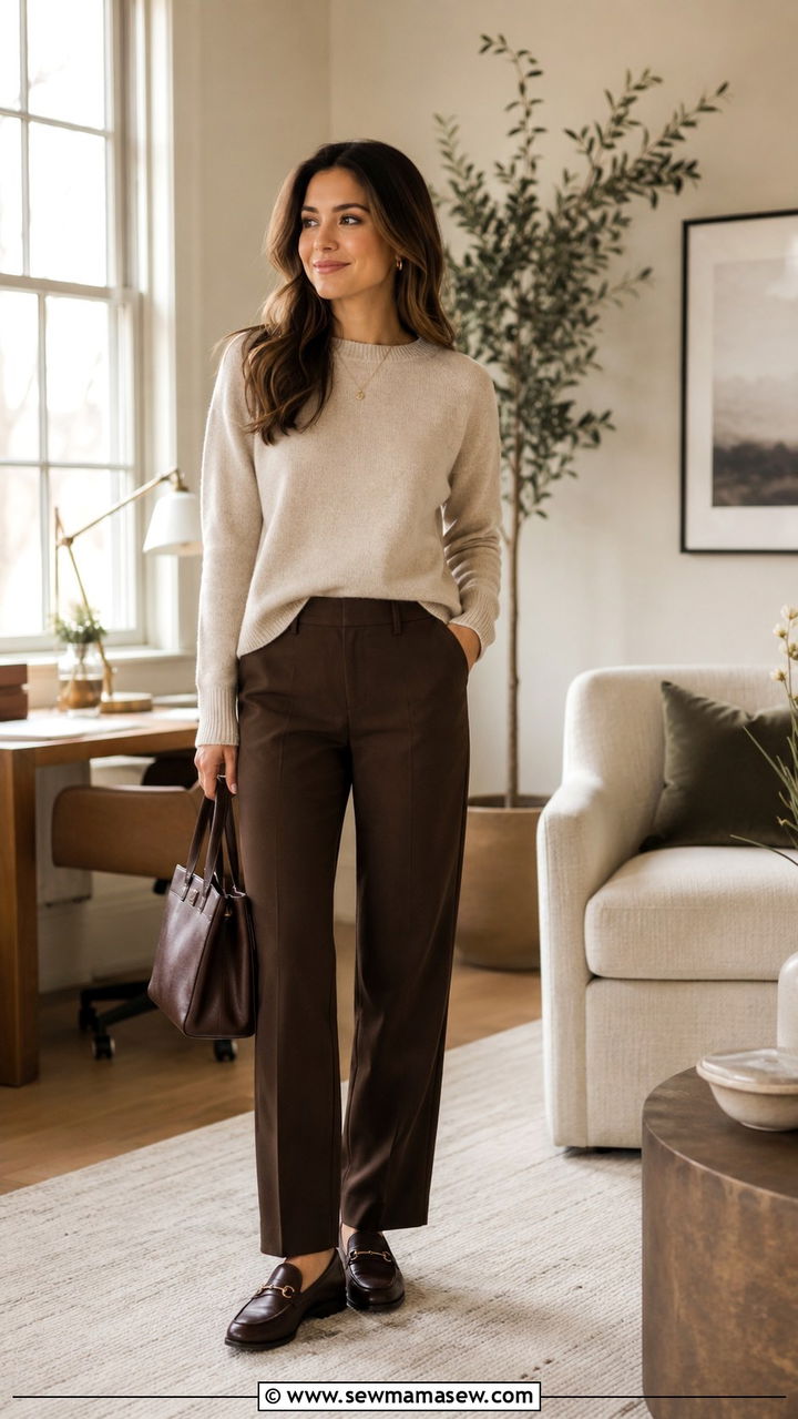 Brown Straight Leg Pants With a Cashmere Crewneck - 25 Petite work outfit ideas with pants