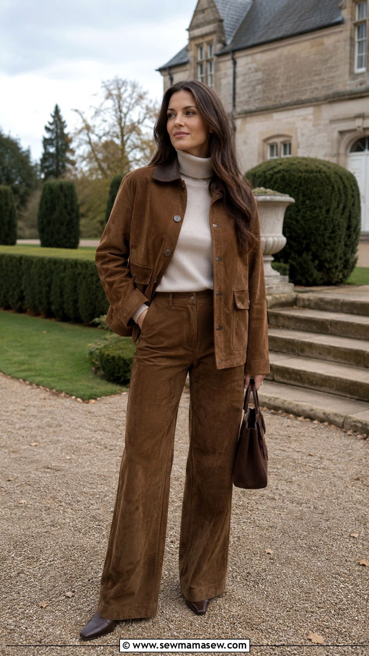 Brown Suede Barn Jacket With Suede Wide Leg Pants And Pointed Boots - 25 Old money outfit ideas with barn jacket