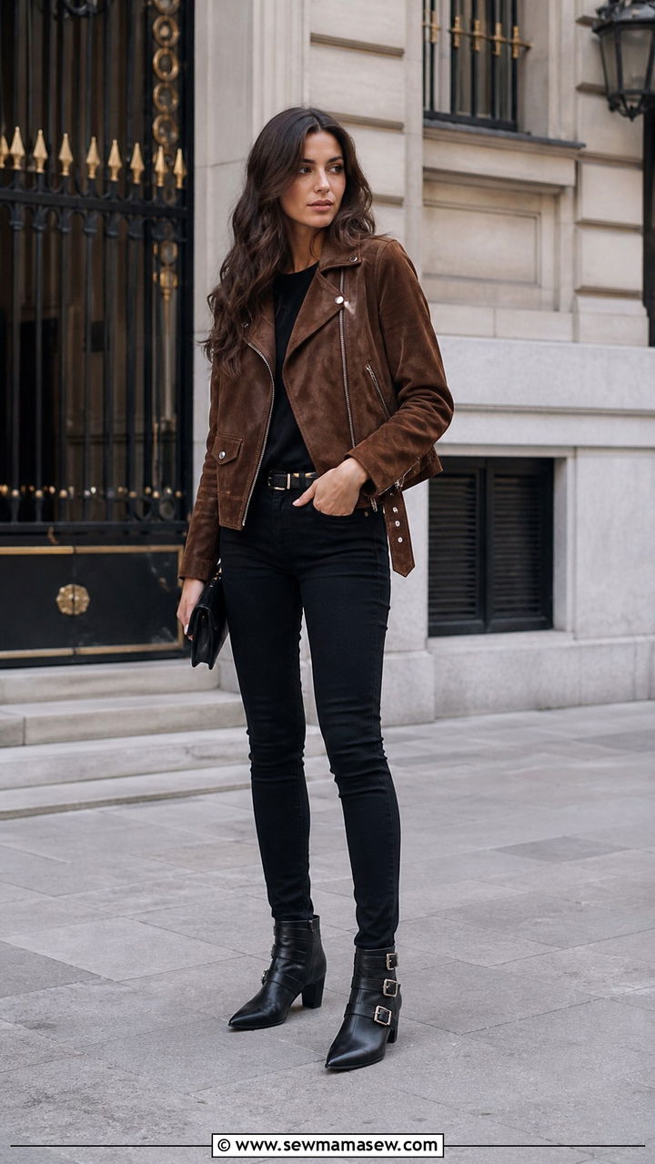 Brown Suede Biker Jacket With Black Jeans - 40 casual black jeans outfits