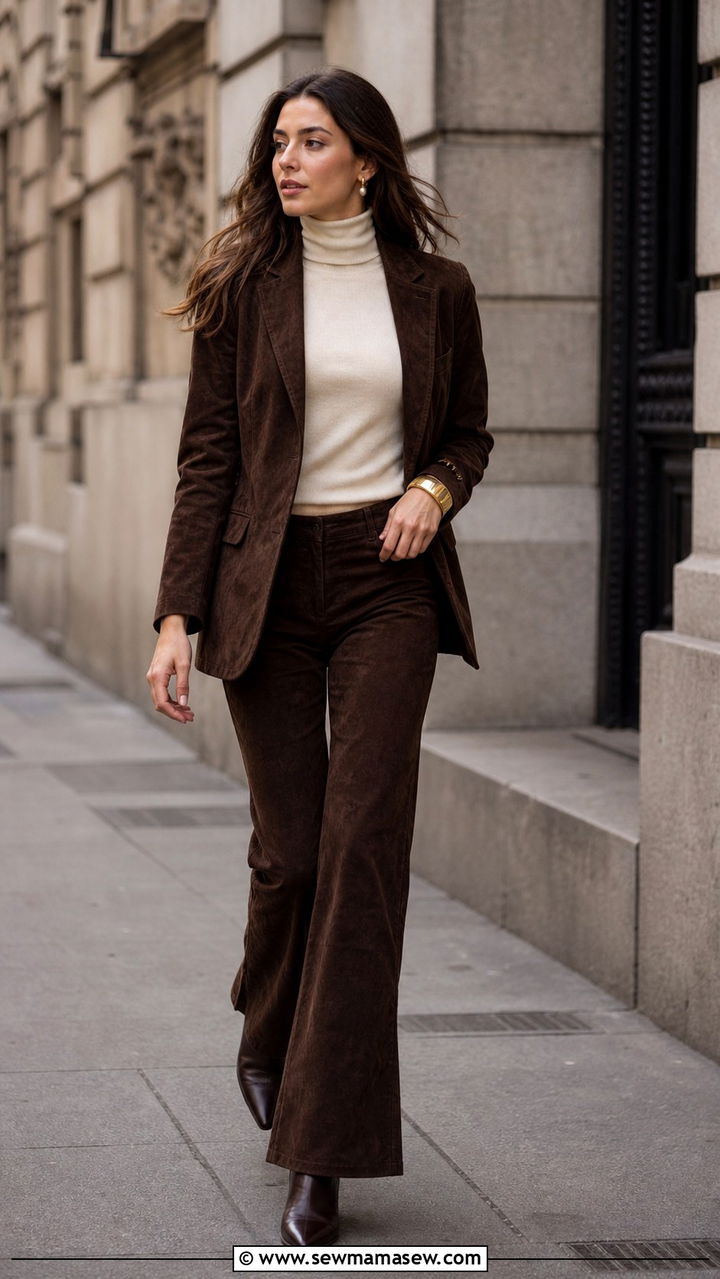 Brown Suede Blazer And Flared Pants Set - 40 matching set outfit ideas for women