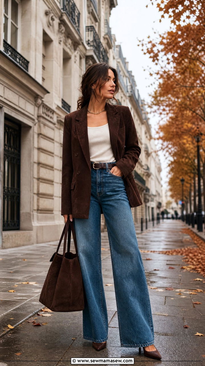 Brown Suede Blazer With Wide Leg Jeans Outfit - 30 French girl outfit ideas with jeans