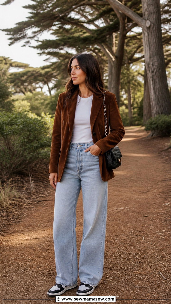 Brown Suede Blazer with White Tee and Wide Leg Jeans - 40 What to wear in San Francisco