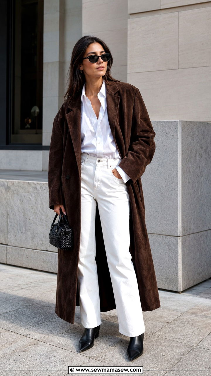 Brown Suede Coat with White Shirt and White Denim - 30 classy scandinavian outfit ideas
