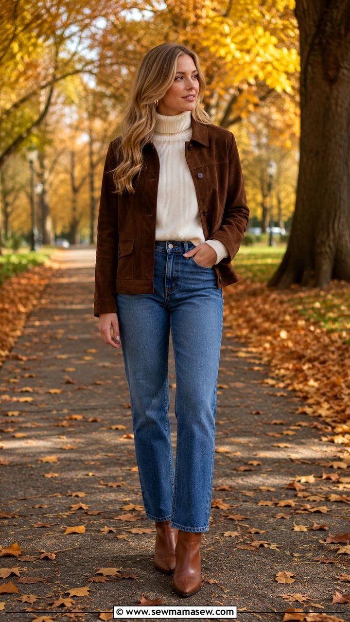 Brown Suede Jacket With Cream Knit And Straight Leg Jeans - 30 Quiet luxury outfit ideas with jeans