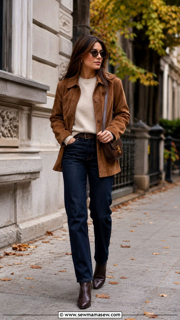 Brown Suede Jacket With Cream Knit and Jeans Outfit - 30 casual quiet luxury outfits