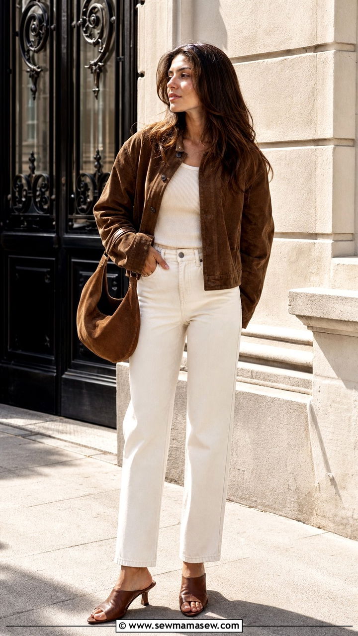 Brown Suede Jacket With Cream Straight Leg Jeans - 35 brown outfit ideas for women
