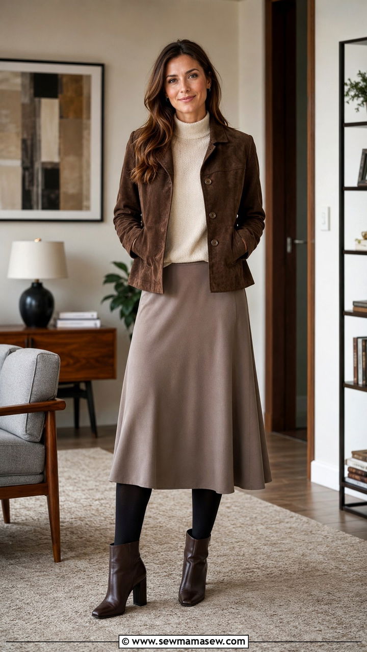 Brown Suede Jacket With Cream Sweater And Midi Skirt - 20 Psychologist outfit ideas