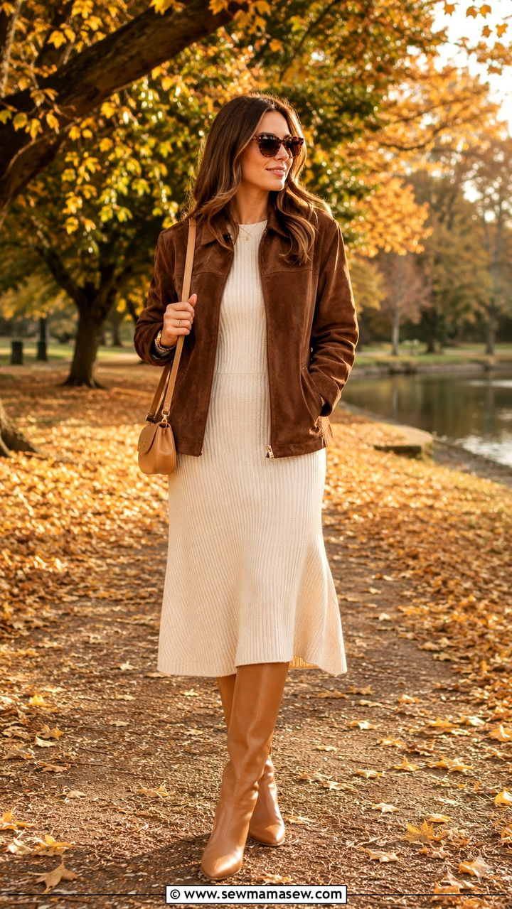 Brown Suede Jacket With Midi Dress And Tortoise Sunglasses - 25 Old money outfit ideas with tortoise sunglasses