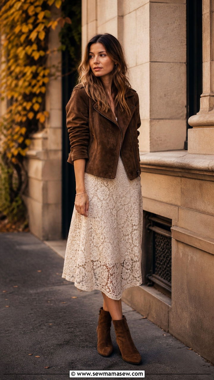 Brown Suede Jacket with Lace Midi Skirt and Matching Boots - 40 Parisian outfit ideas