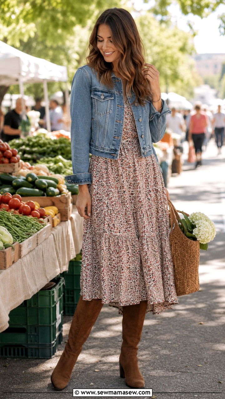 Brown Suede Knee High Boots With A Floral Midi Dress - 30 Knee high boot outfit ideas
