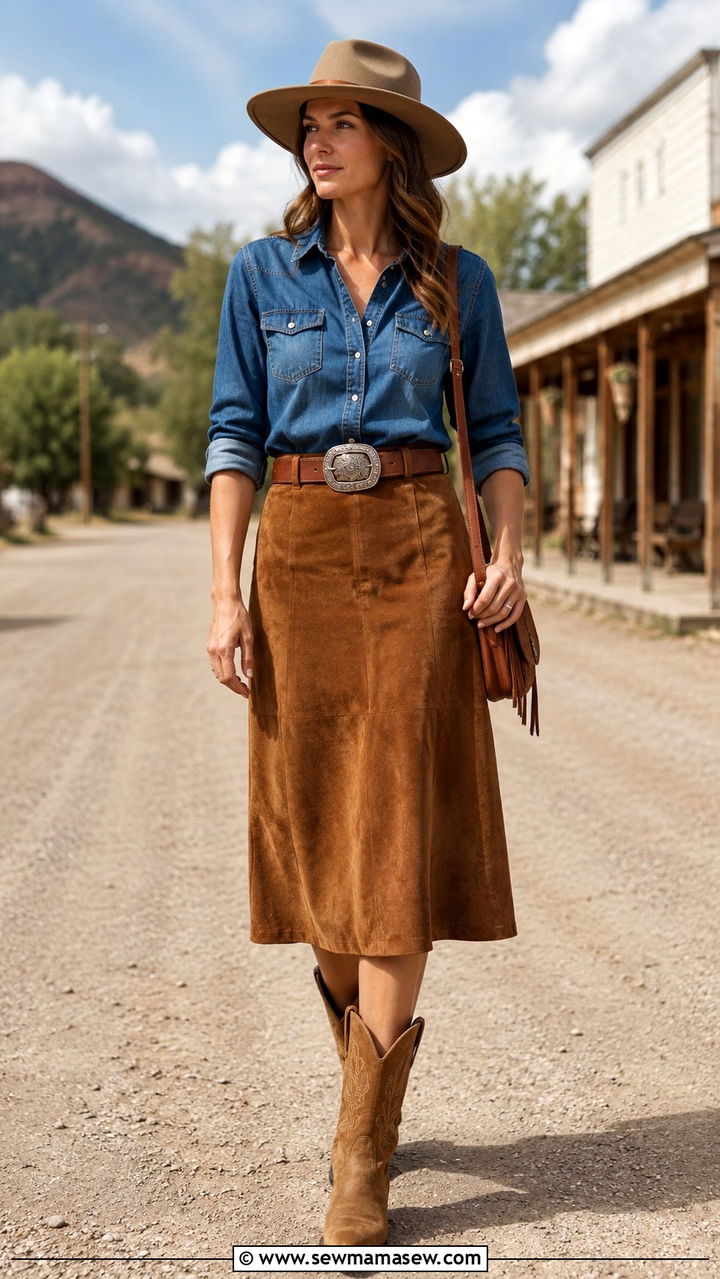 Brown Suede Midi Skirt With Denim Shirt And Cowboy Boots - 20 Western outfit ideas with suede skirt