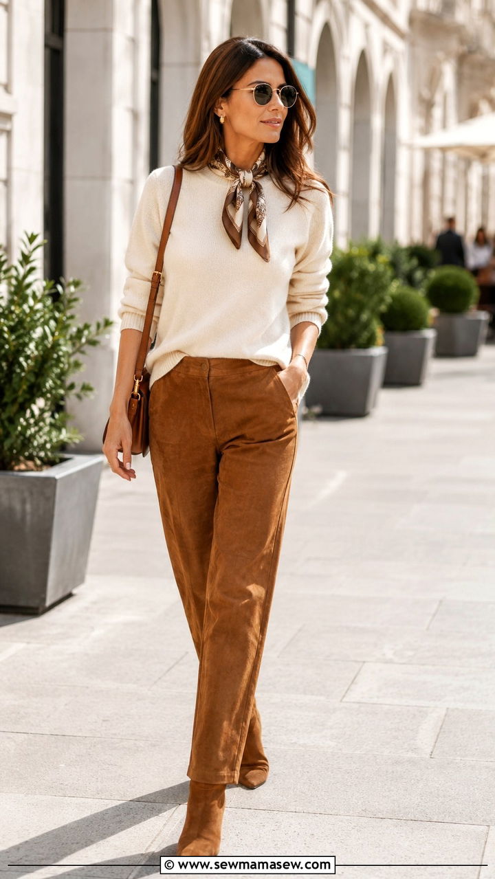 Brown Suede Trousers With Lightweight Sweater - 30 Spring outfits with trousers