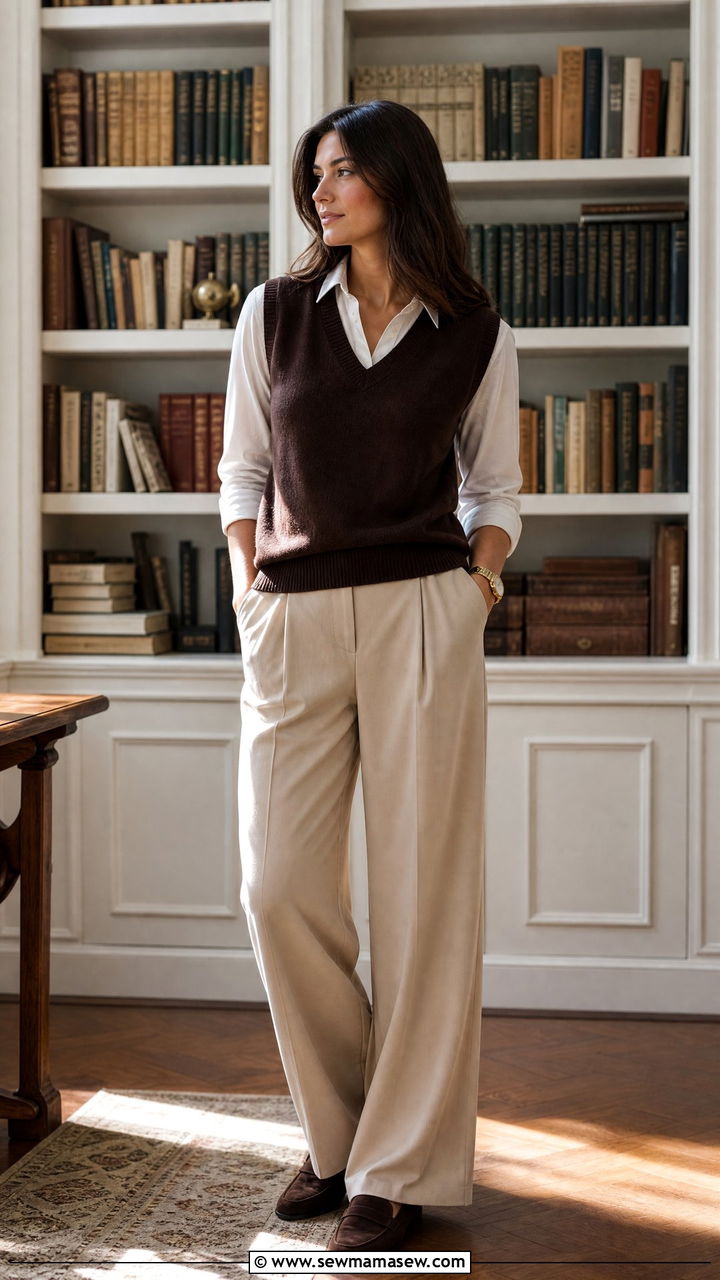 Brown Sweater Vest And White Shirt - 35 Minimalist outfit ideas for work