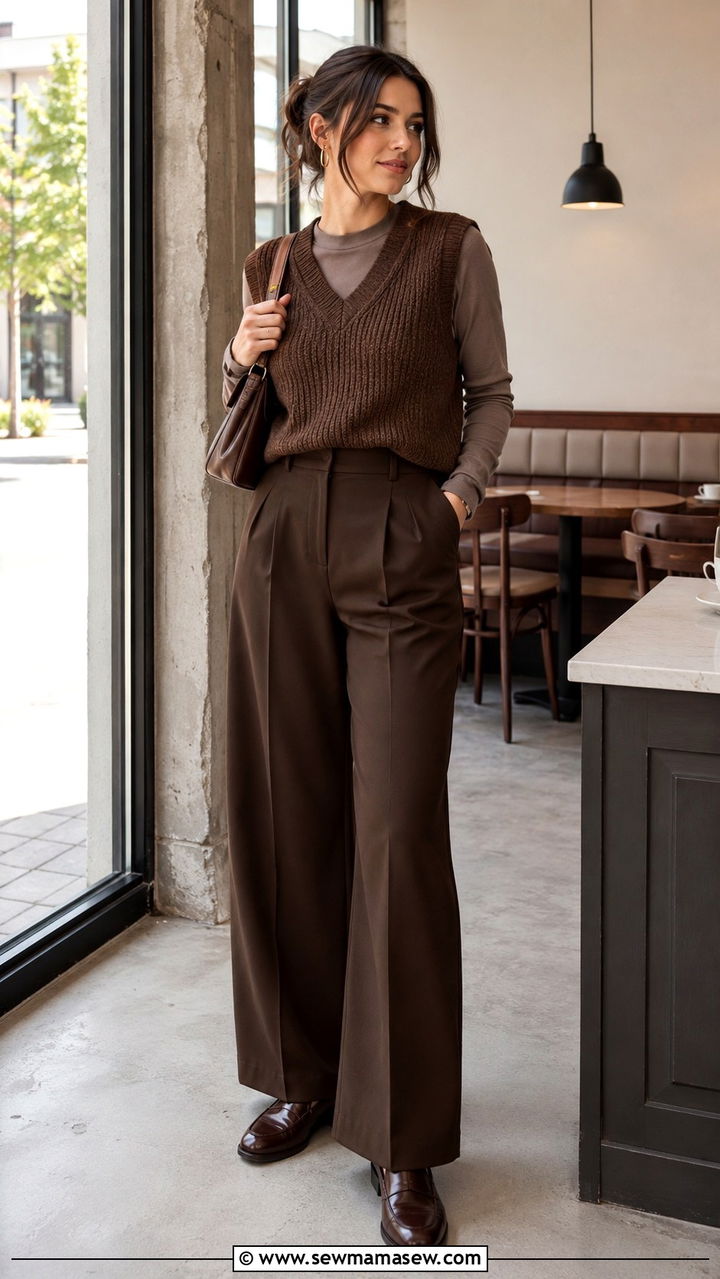 Brown Sweater Vest With Wide Leg Trousers - 30 Monochromatic brown outfits