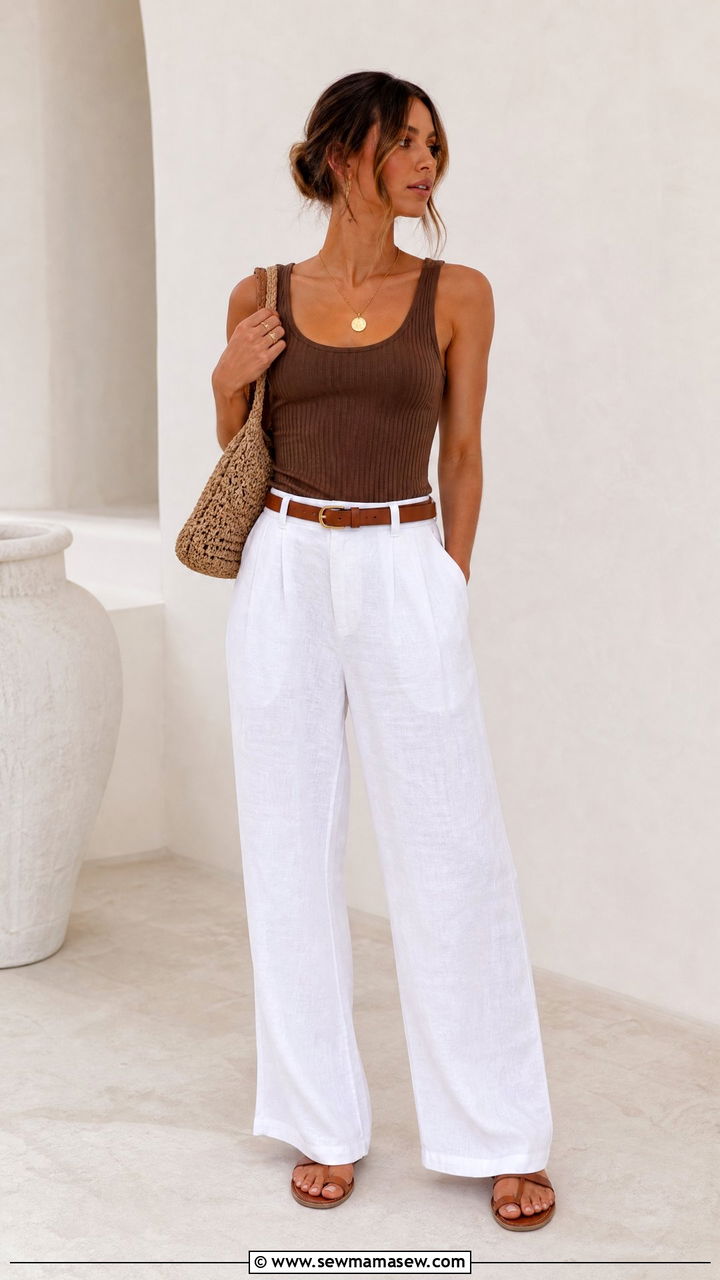 Brown Tank Top With White Wide Leg Pants - 30 Summer outfits in brown