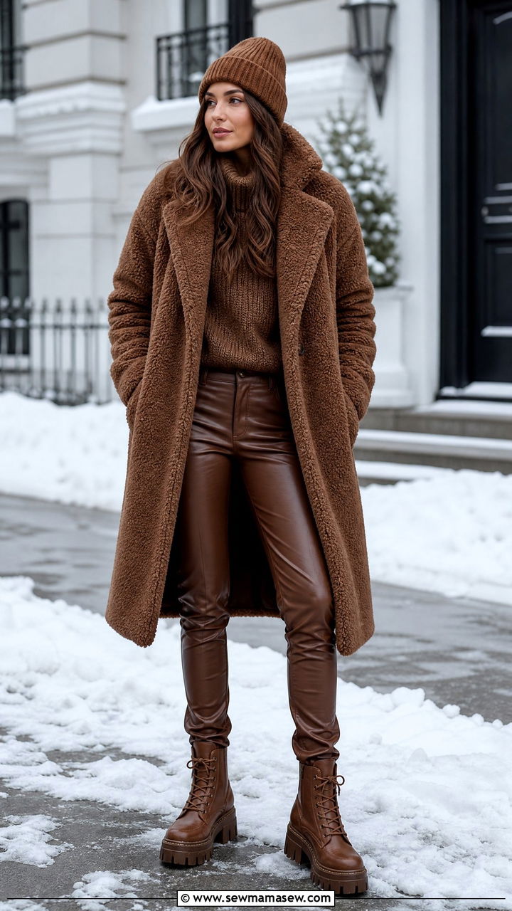 Brown Teddy Coat With Leather Trousers And Chunky Boots - 30 Monochromatic brown outfits