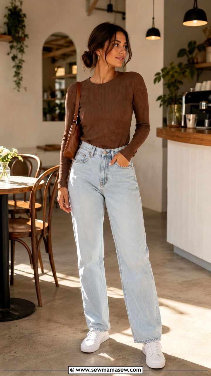 Brown Top With Light Wash Jeans Outfit - 30 Warm tone outfit ideas
