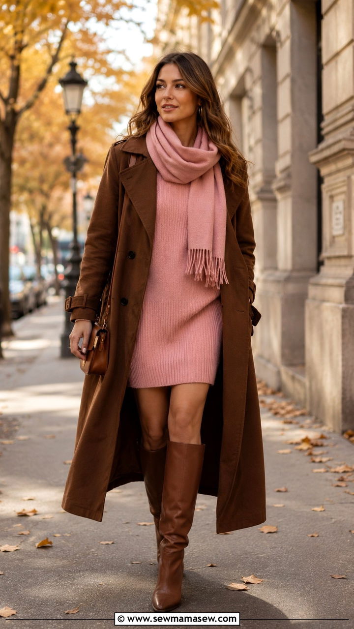 Brown Trench Coat over a Pink Sweater Dress - 30 Brown and pink outfit ideas