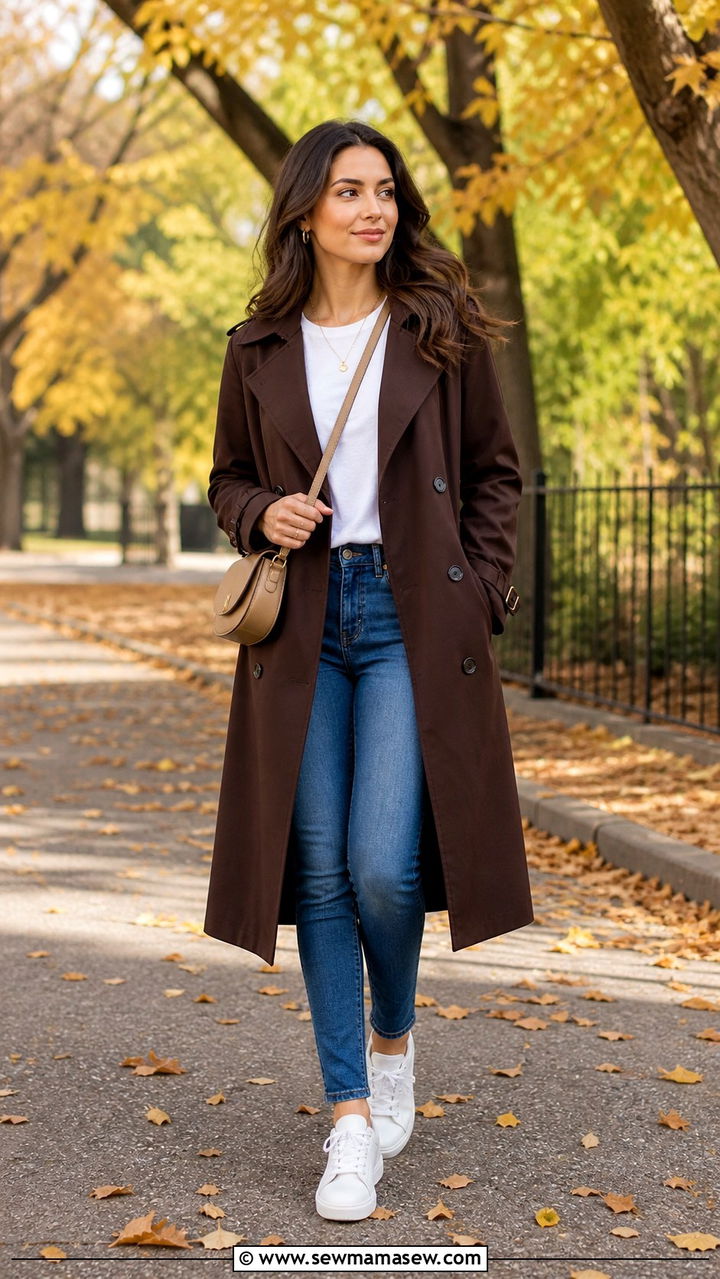 Brown Trench Coat with Blue Jeans and White Sneakers - 40 casual trench coat outfits
