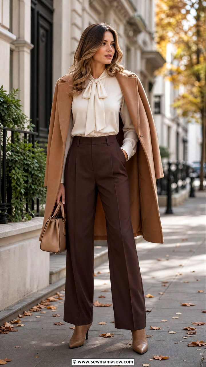 Brown Trousers With Cream Blouse And Camel Coat - 35 How to style trousers