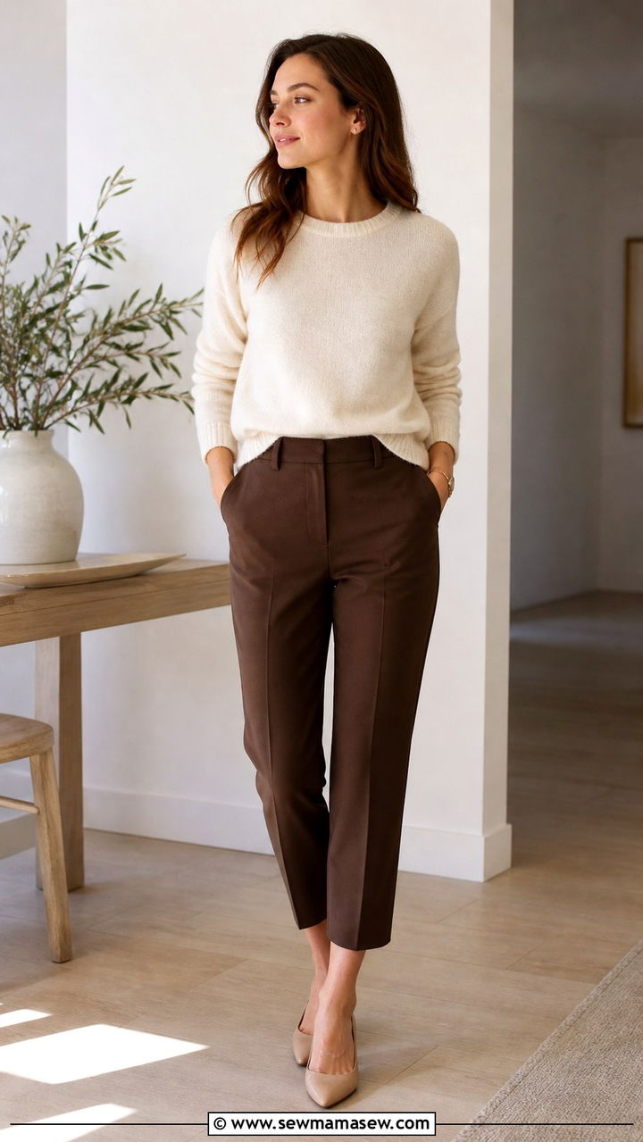 Brown Trousers with Cream Sweater Outfit - 40 Brown outfit ideas