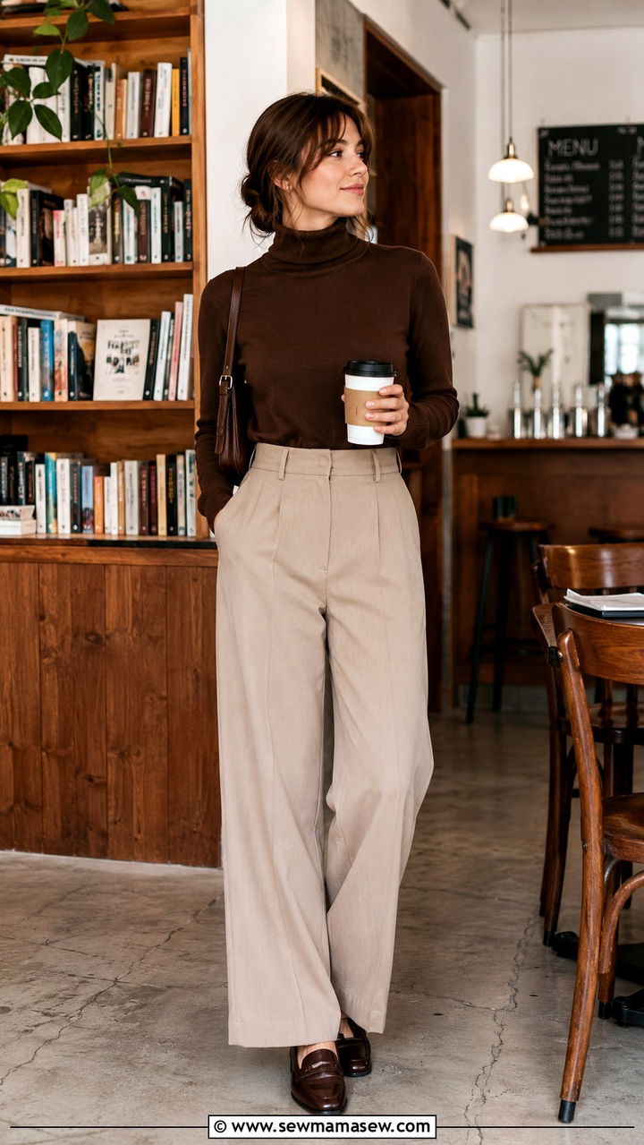 Brown Turtleneck With Beige Wide Leg Pants - 25 Professor outfit ideas