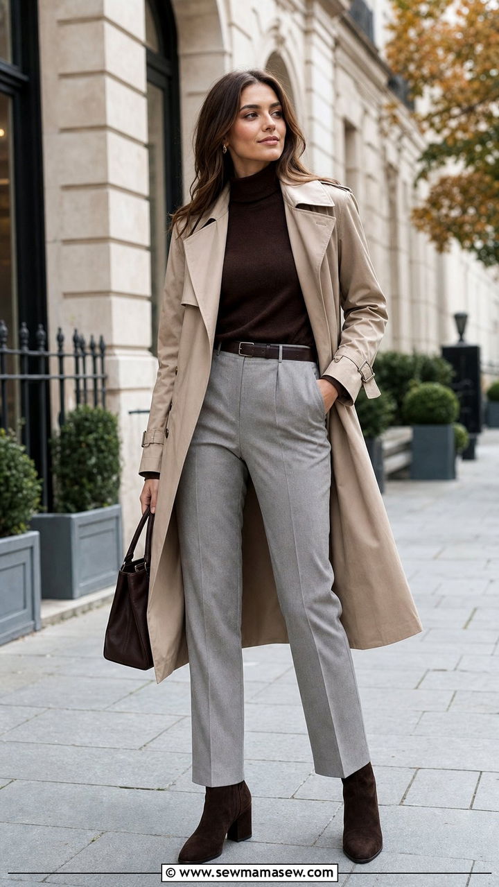 Brown Turtleneck With Gray Tailored Trousers - 35 brown outfit ideas for women