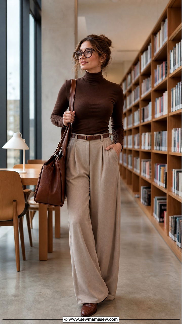 Brown Turtleneck and Beige Wide Leg Pants - 25 librarian core outfits aesthetic