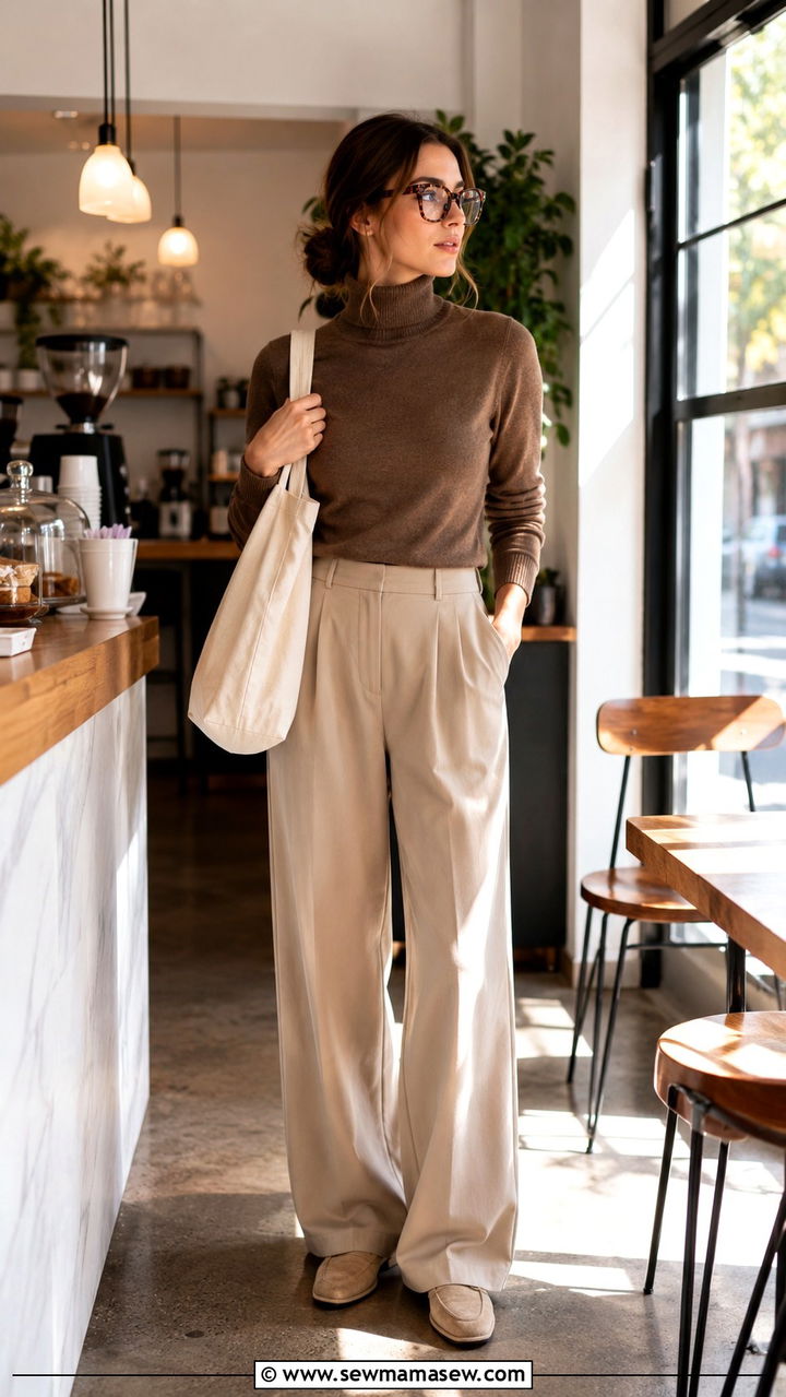 Brown Turtleneck and Beige Wide Leg Trousers Outfit - 25 Researcher outfit ideas