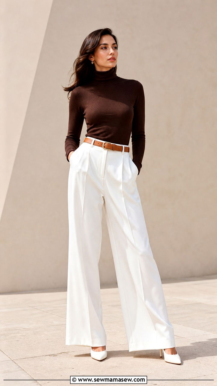 Brown Turtleneck with White Trousers Outfit - 40 Brown outfit ideas