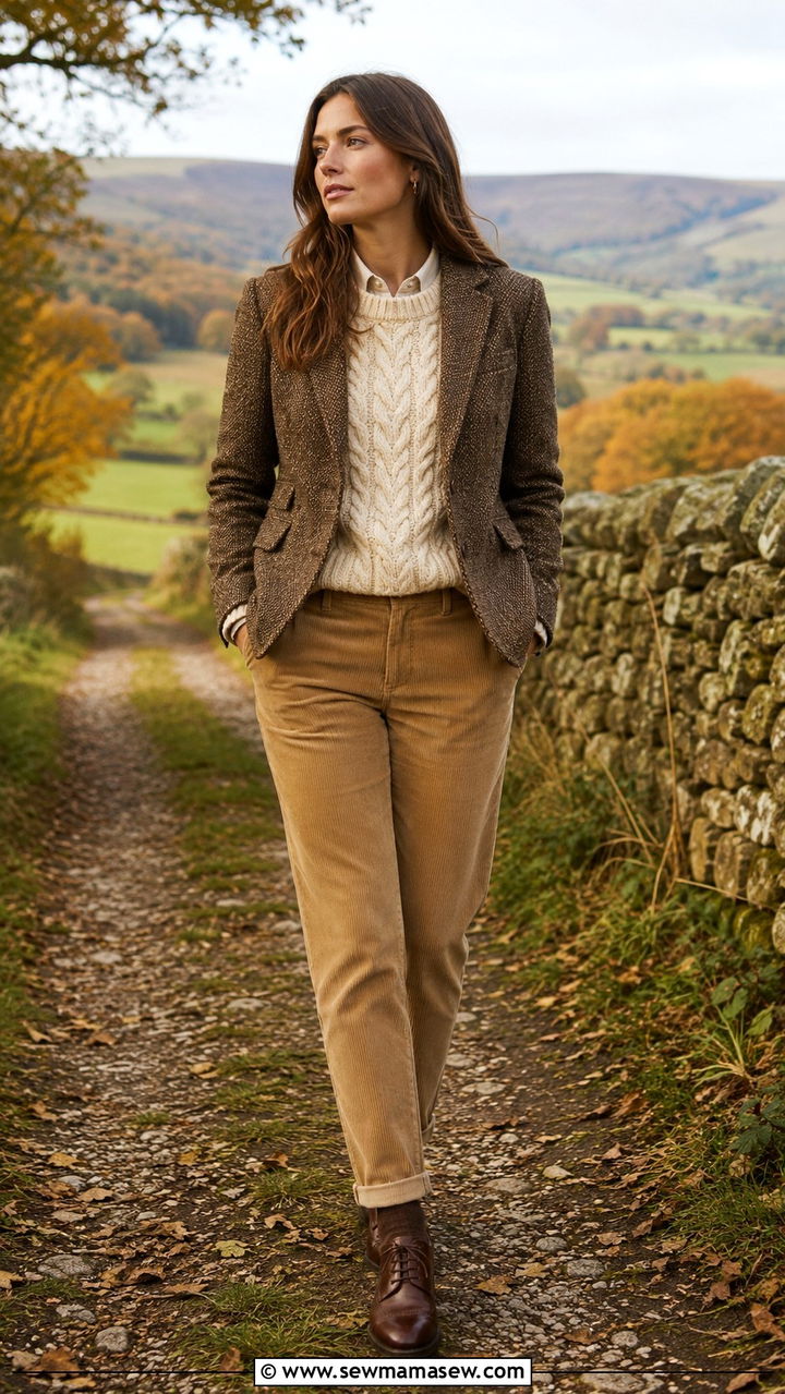 Brown Tweed Blazer With Cable Knit Sweater And Corduroys - 25 Old money outfit ideas with blazer