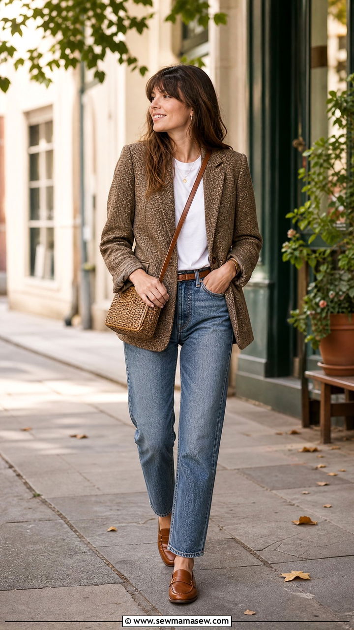 Brown Tweed Blazer With White Tee And Blue Straight Leg Jeans - 30 Marketer outfit ideas