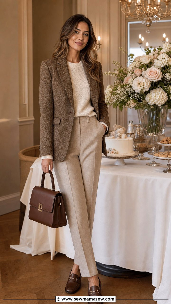 Brown Tweed Blazer and Wool Trousers Baby Shower Outfit - 35 Baby shower outfit ideas
