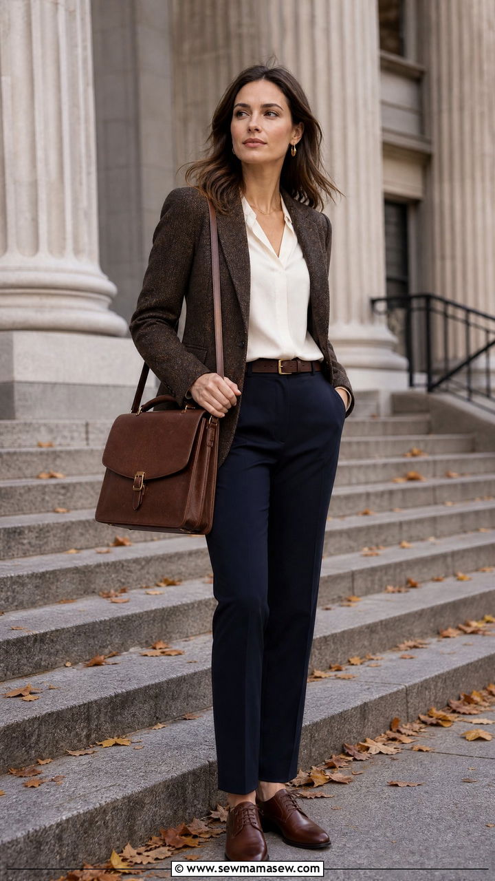 Brown Tweed Blazer with Navy Trousers - 25 Federal court outfit ideas for women