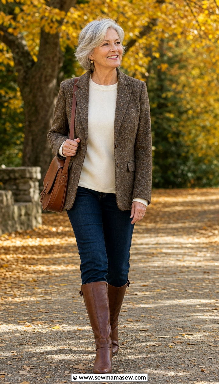 Brown Tweed Jacket With Cream Sweater and Dark Straight Jeans - 35 Business casual outfits for women over 60