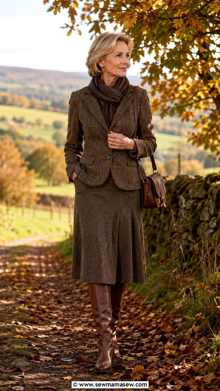 Brown Tweed Jacket with Wool Midi Skirt and Knee High Boots - 30 Capsule wardrobe women over 50